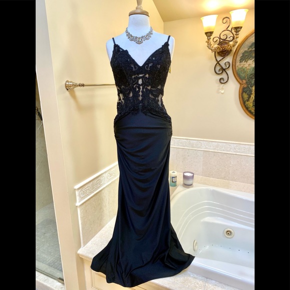 NEW Sexy La Femme Gorgeous Black Lace with Rhinestones Illusion Fitted Gown 12 - Picture 2 of 16